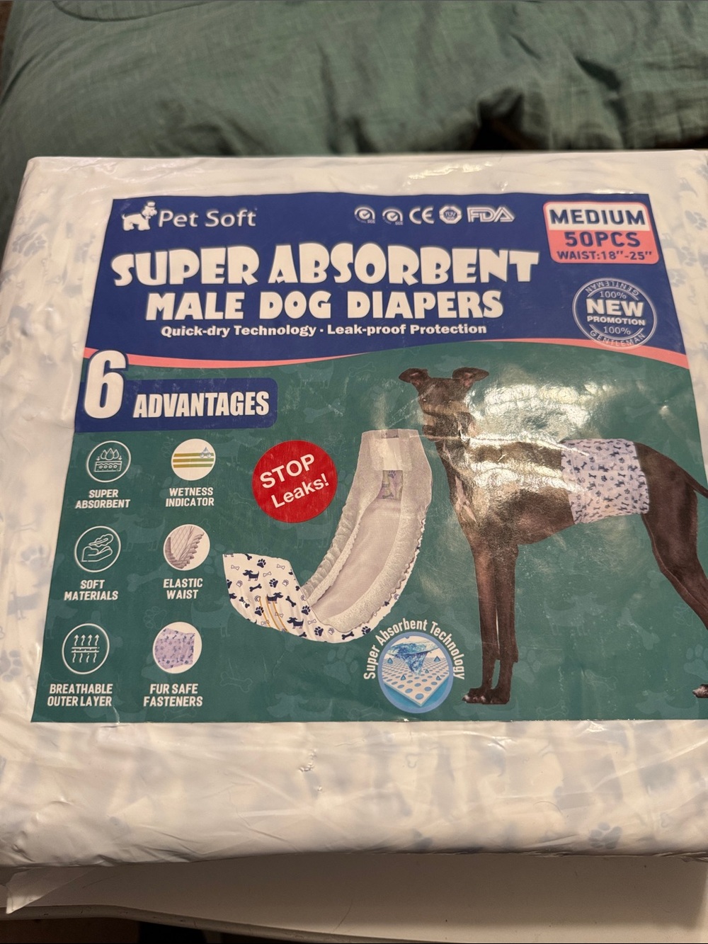 Pet Soft Super Absorbent Male Dog Diapers - Medium (White/Blue)